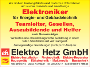 Elektroniker für Energie- und Gebäudetechnik bei Elektro Hetz GmbH in Kulmbach