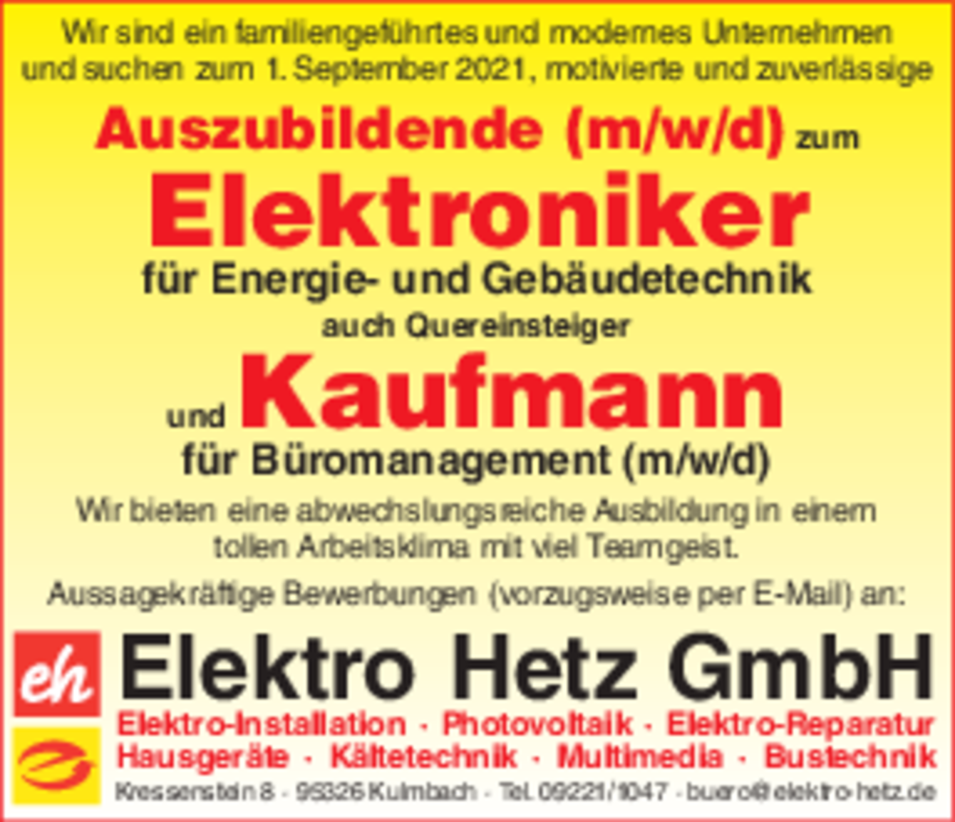 Ausbildung bei Elektro Hetz GmbH in Kulmbach